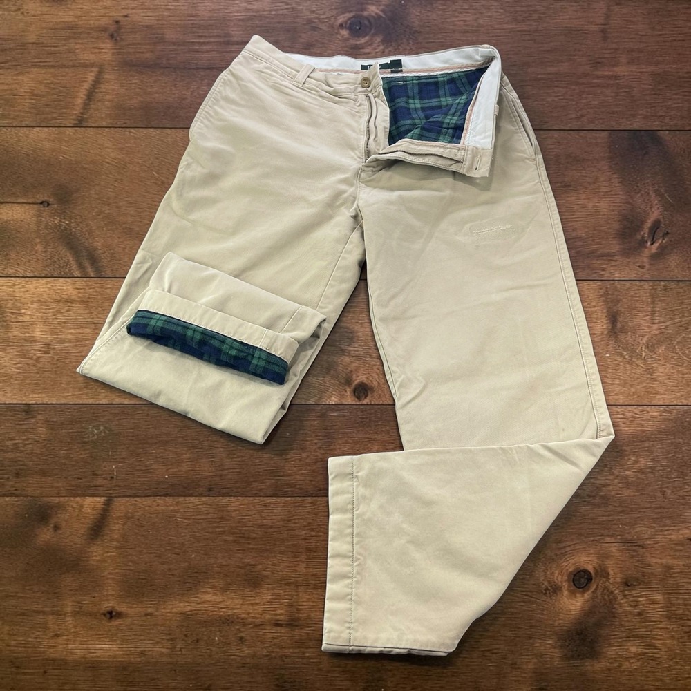 Vintage Y2K J.Crew Mens Flannel Lined Chino Khaki Plaid 33x32 Straight Leg Pants
